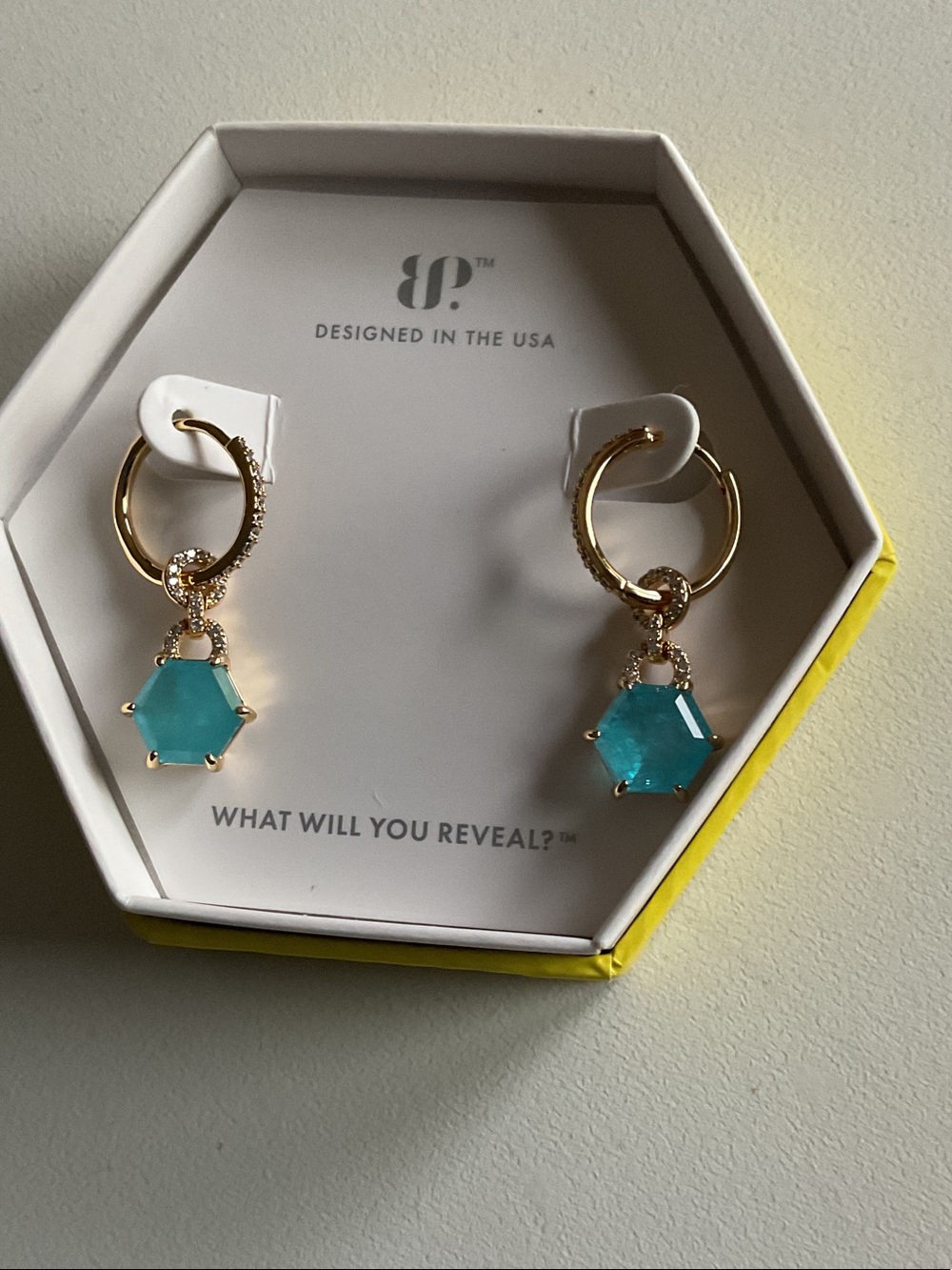 bp Gold Hoops with Turquoise Hexagon Drops